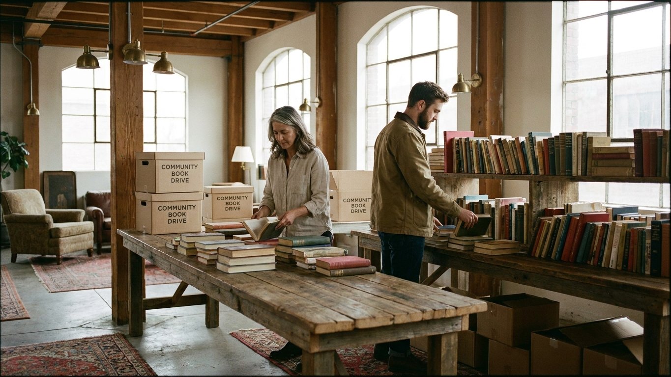 A community book-sorting space with shelves of donated books and two volunteers at work