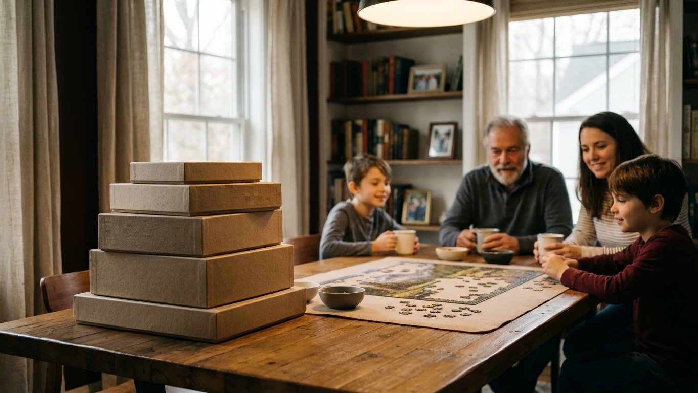 Stacked board-game and jigsaw-puzzle boxes on a family table