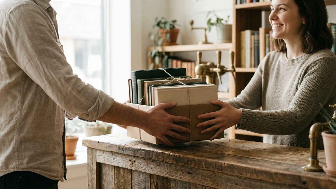 A person handing a box of books across a counter at a drop-off point