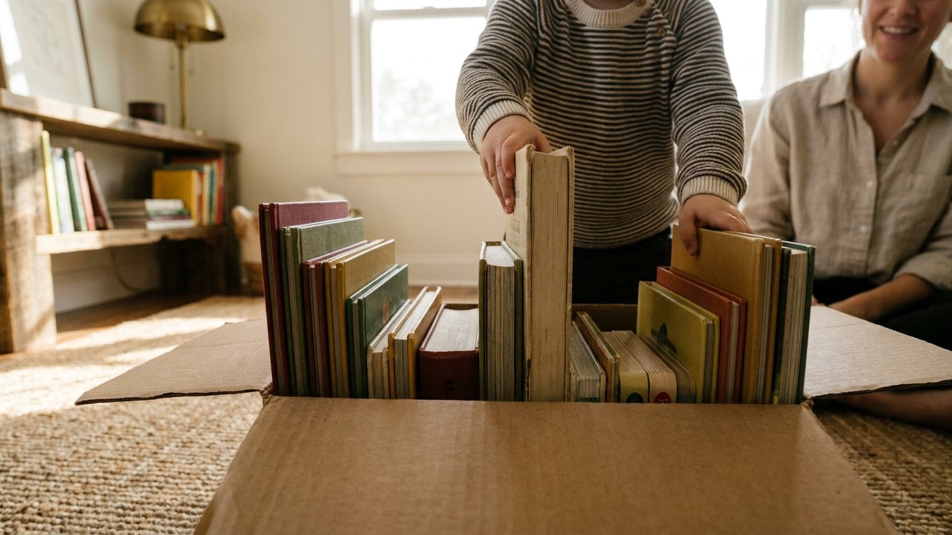 A box brimming with colorful children's picture books as a child reaches in