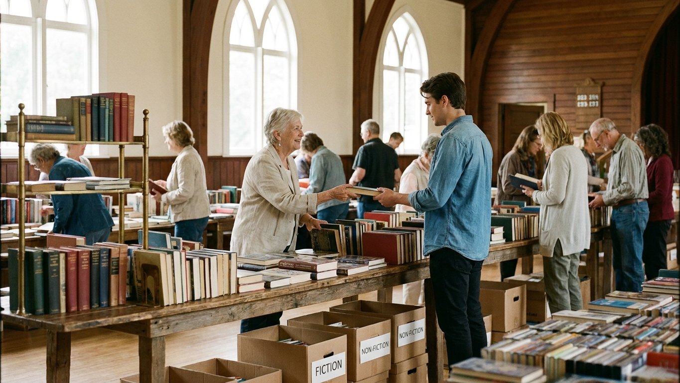 People browsing tables of secondhand books at a community book sale