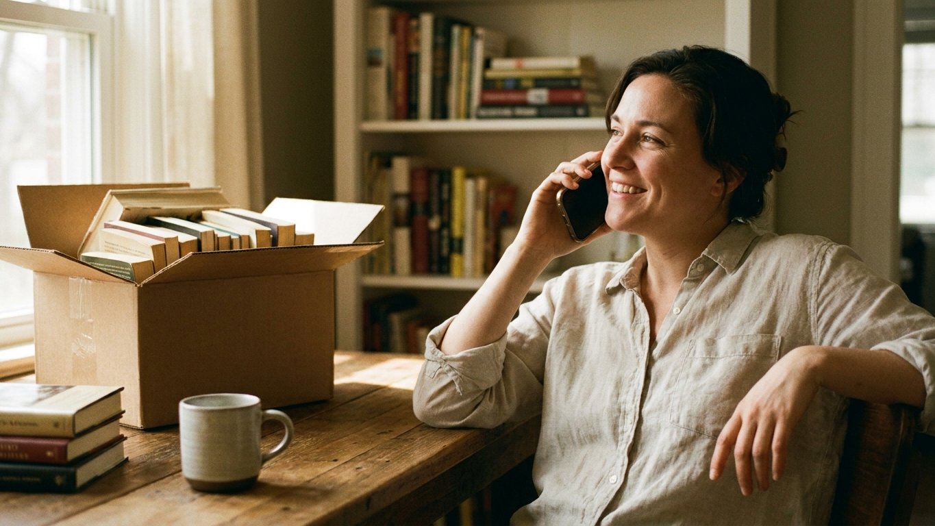 A person on the phone scheduling a book pickup at a sunlit kitchen table