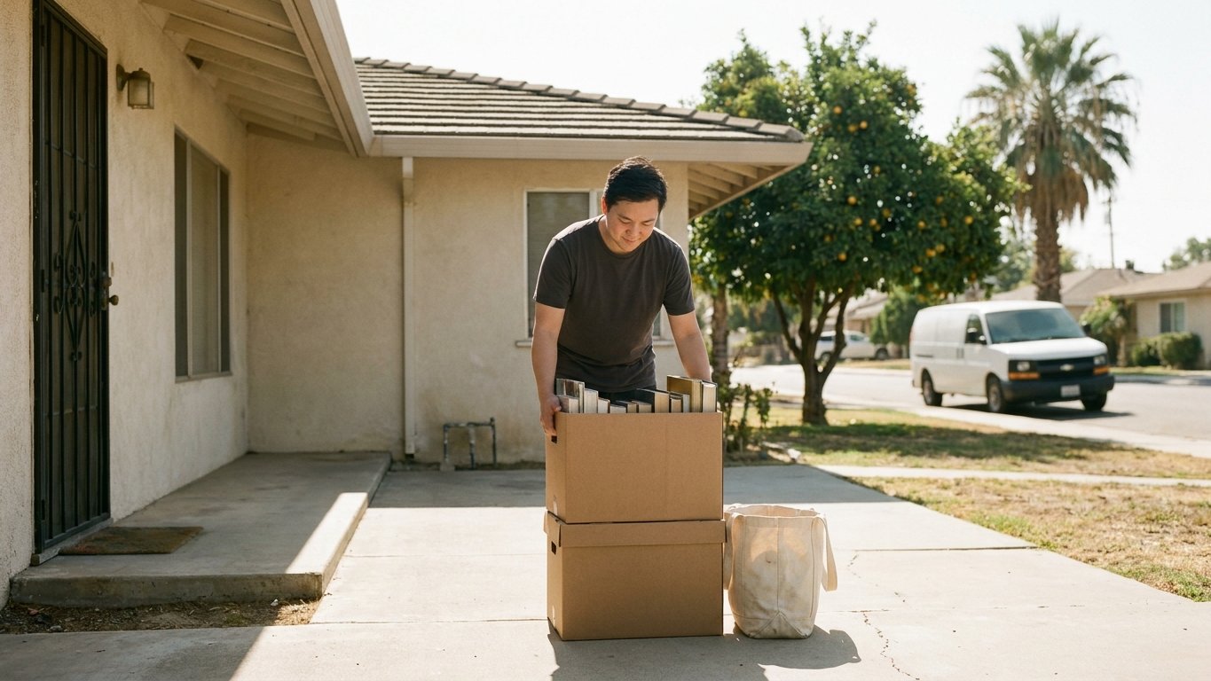Boxes of books set out on a doorstep as a collector picks them up for free