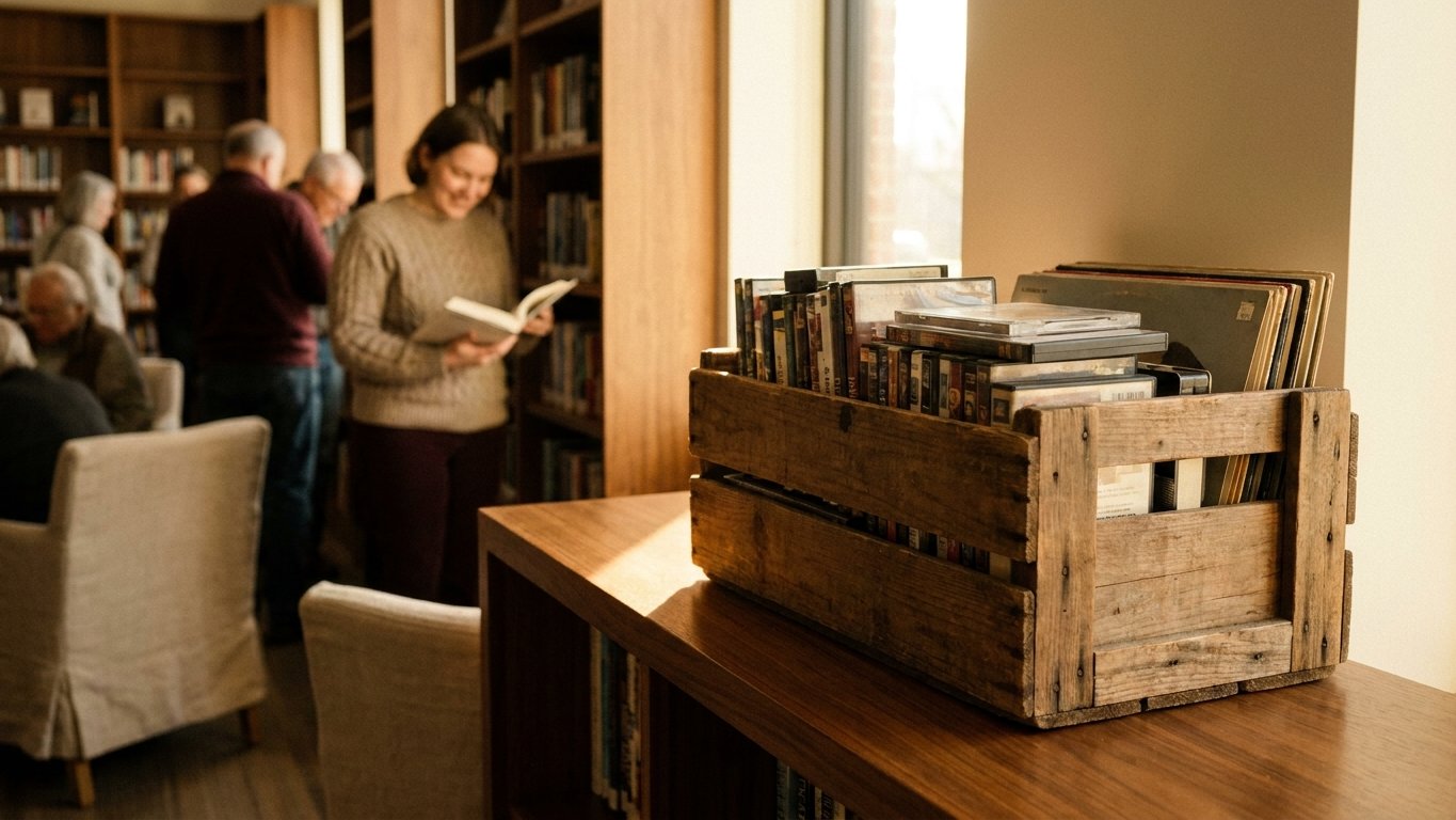 A crate of donated DVDs, CDs, VHS tapes, and vinyl records