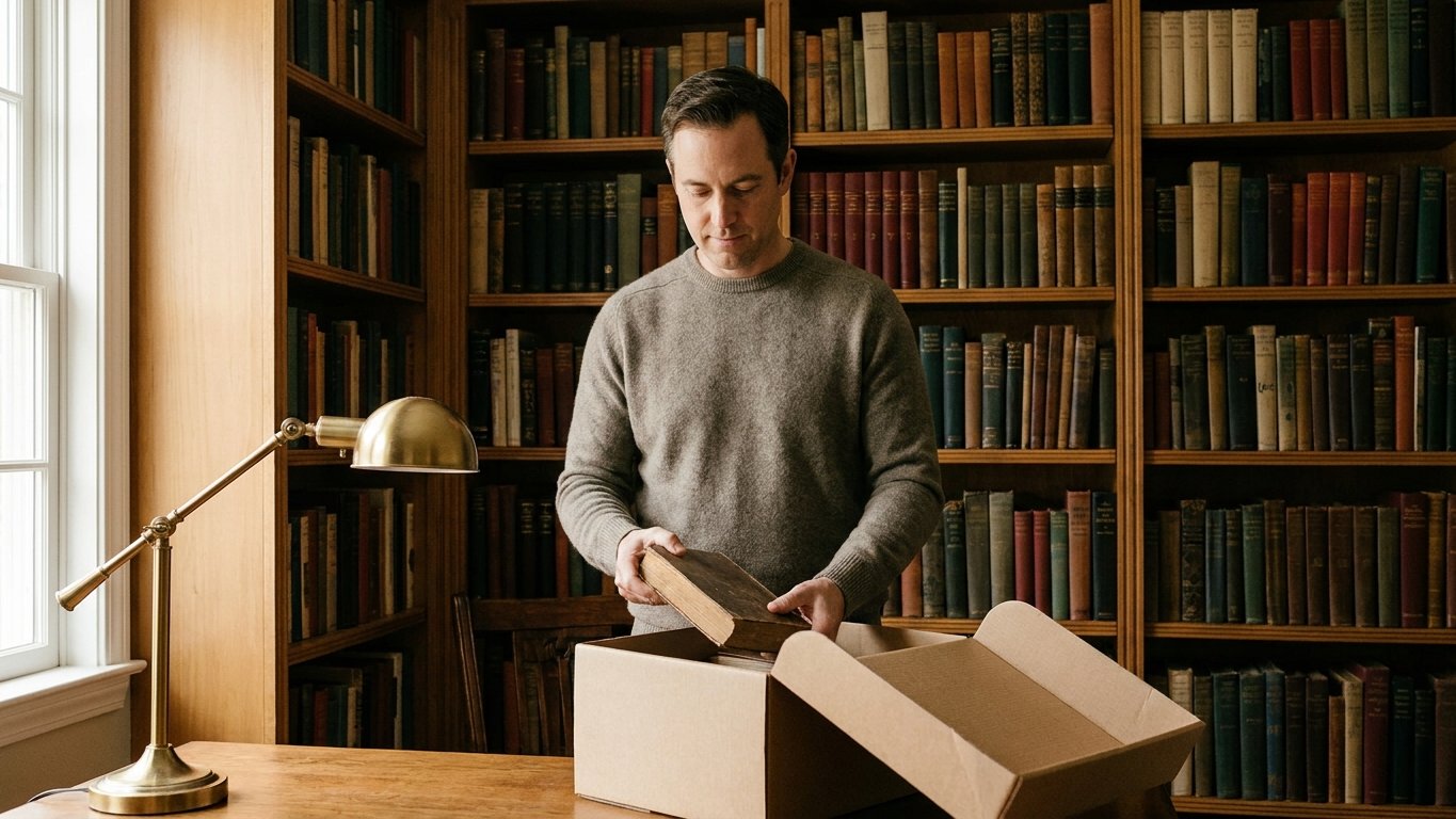 A collector carefully boxing hardcover books from a home study's full shelves