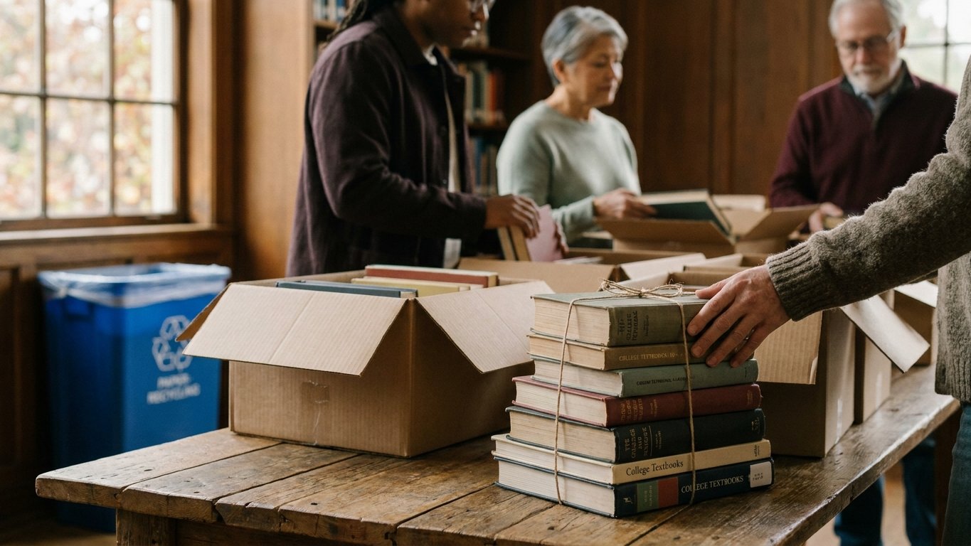 College textbooks chosen for donation in front of a recycling bin