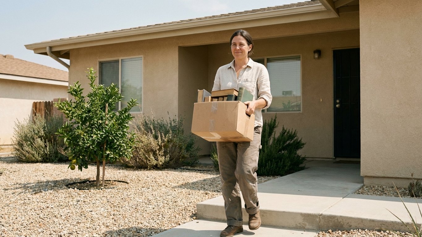 A donor carrying a box of books out the front door toward the curb