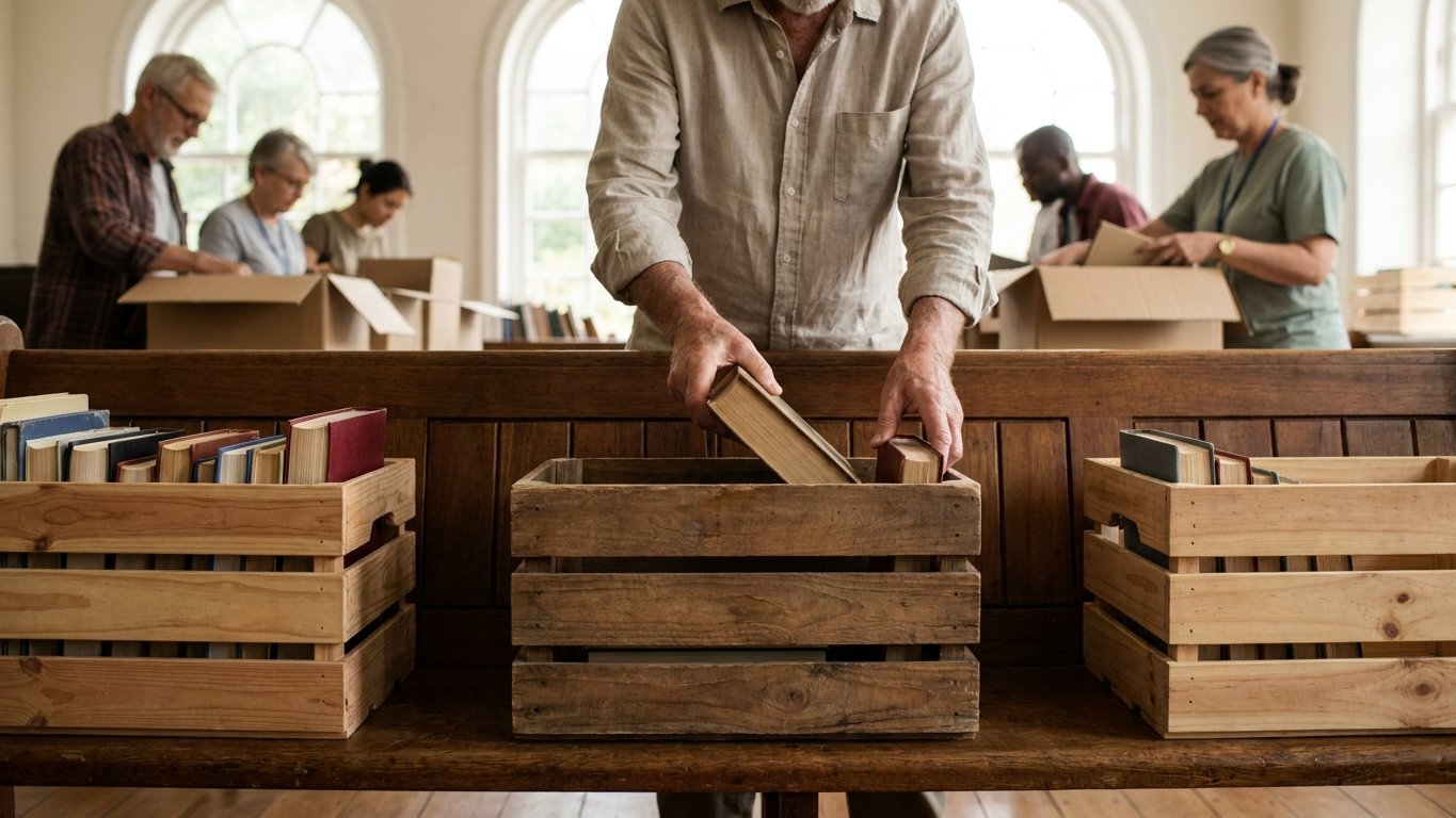 Donated books being sorted into crates for readers, classrooms, and resale
