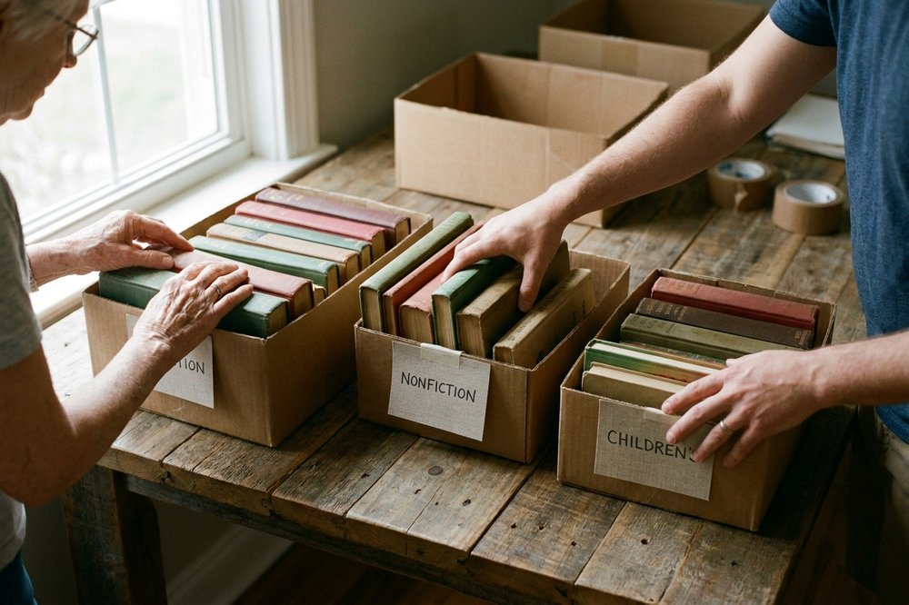 Two people sorting donated books into tidy stacks on a wooden table