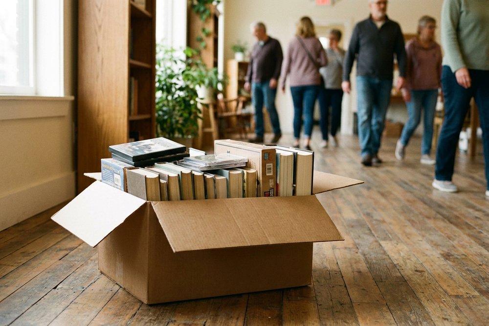 An open donation box holding paperbacks, DVDs, CDs, and a board game