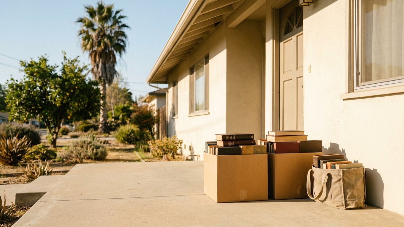Boxes of donated books stacked on a sunny Central Valley front porch, ready for pickup