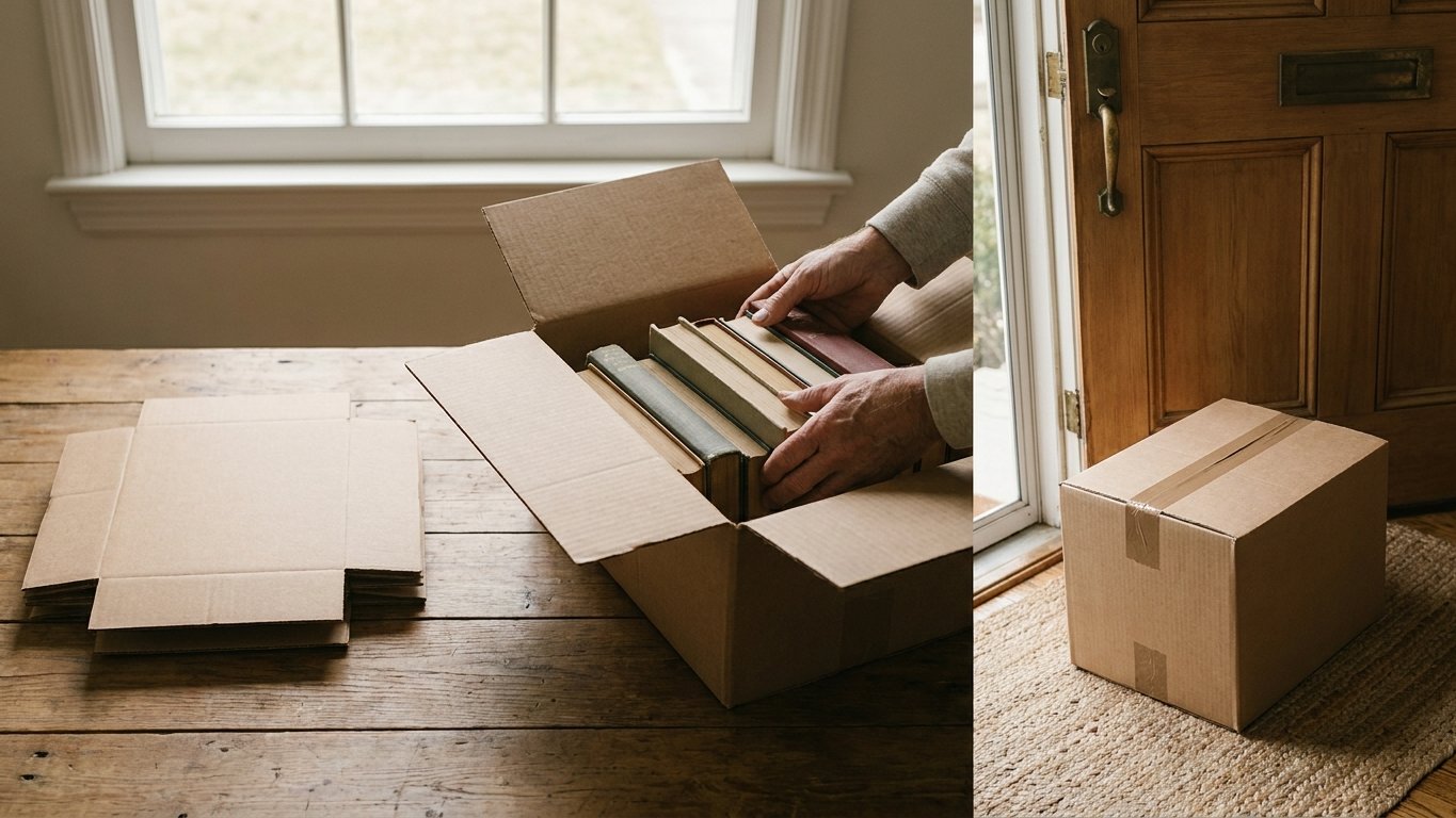 Three boxes showing the gather, fill, and set-out steps of a book pickup
