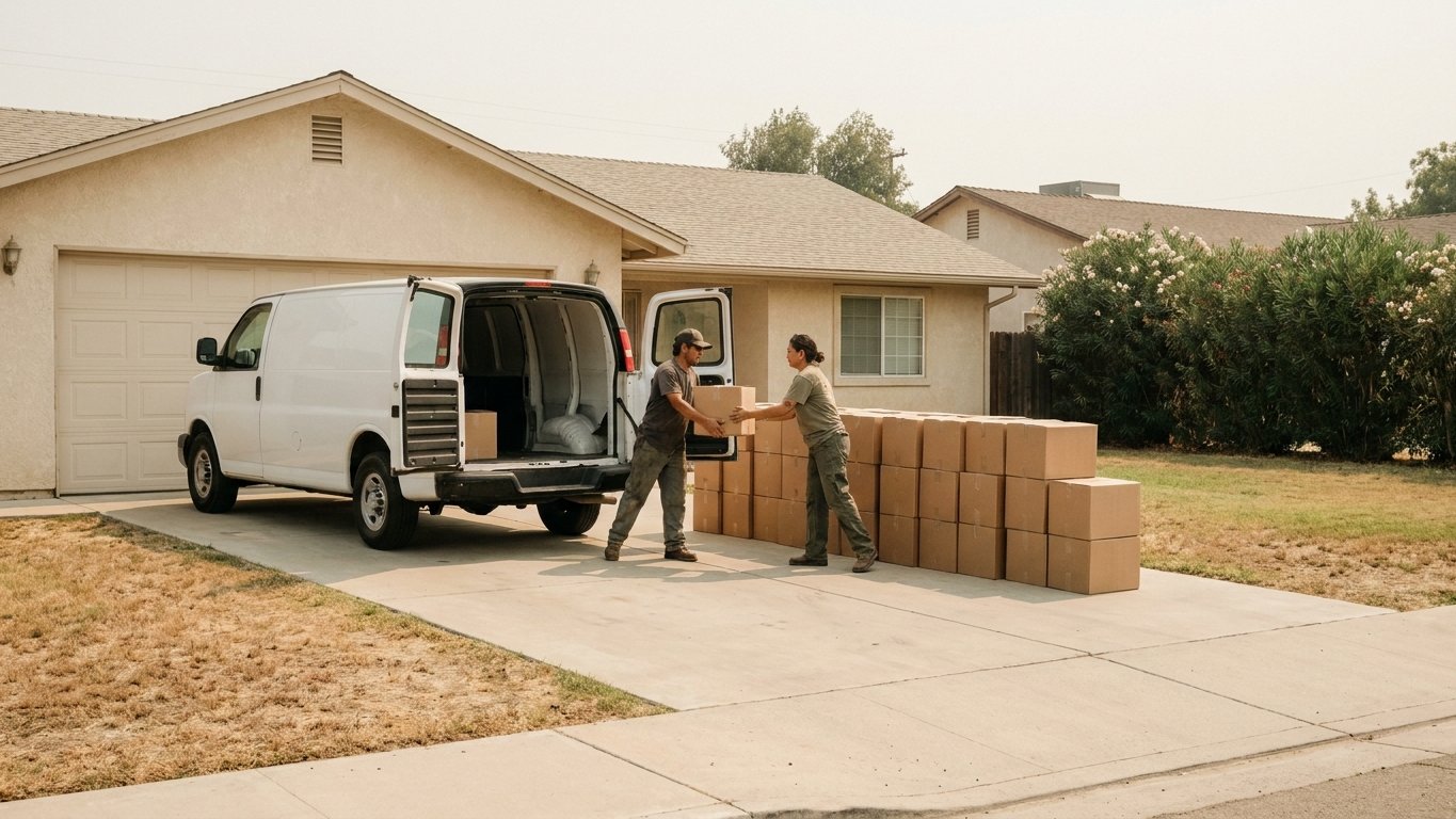 Dozens of packed book boxes being loaded into a cargo van on a driveway