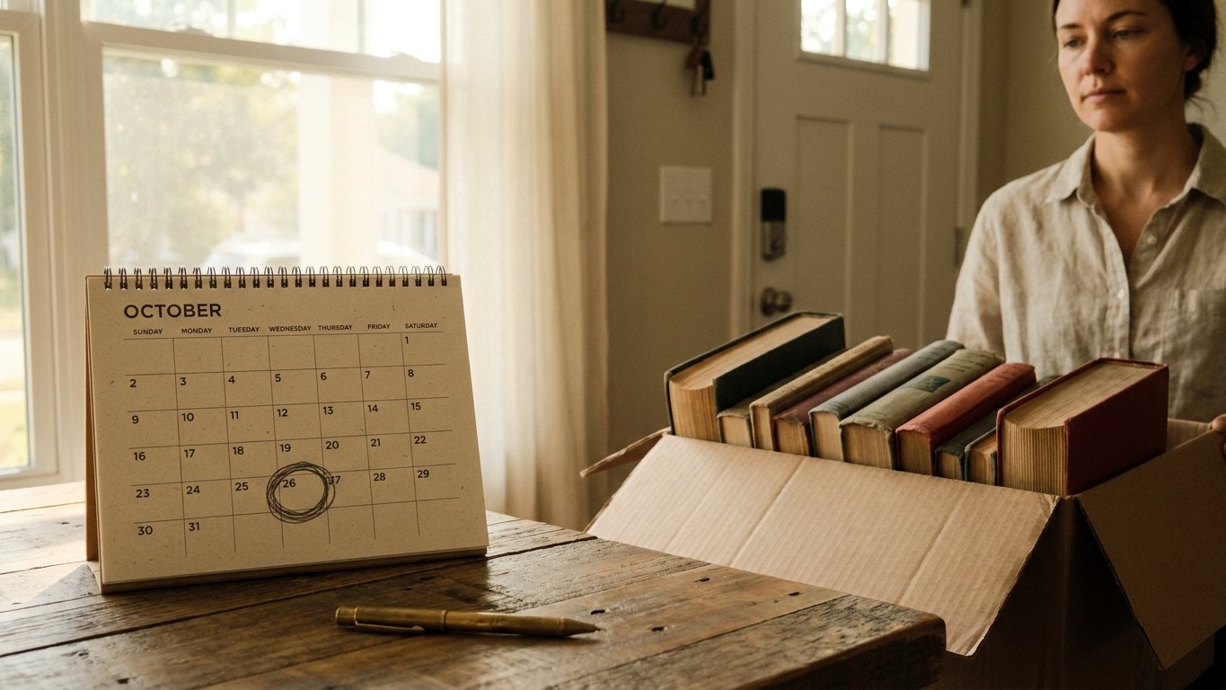 A calendar with a circled pickup day and a packed box of books by the door