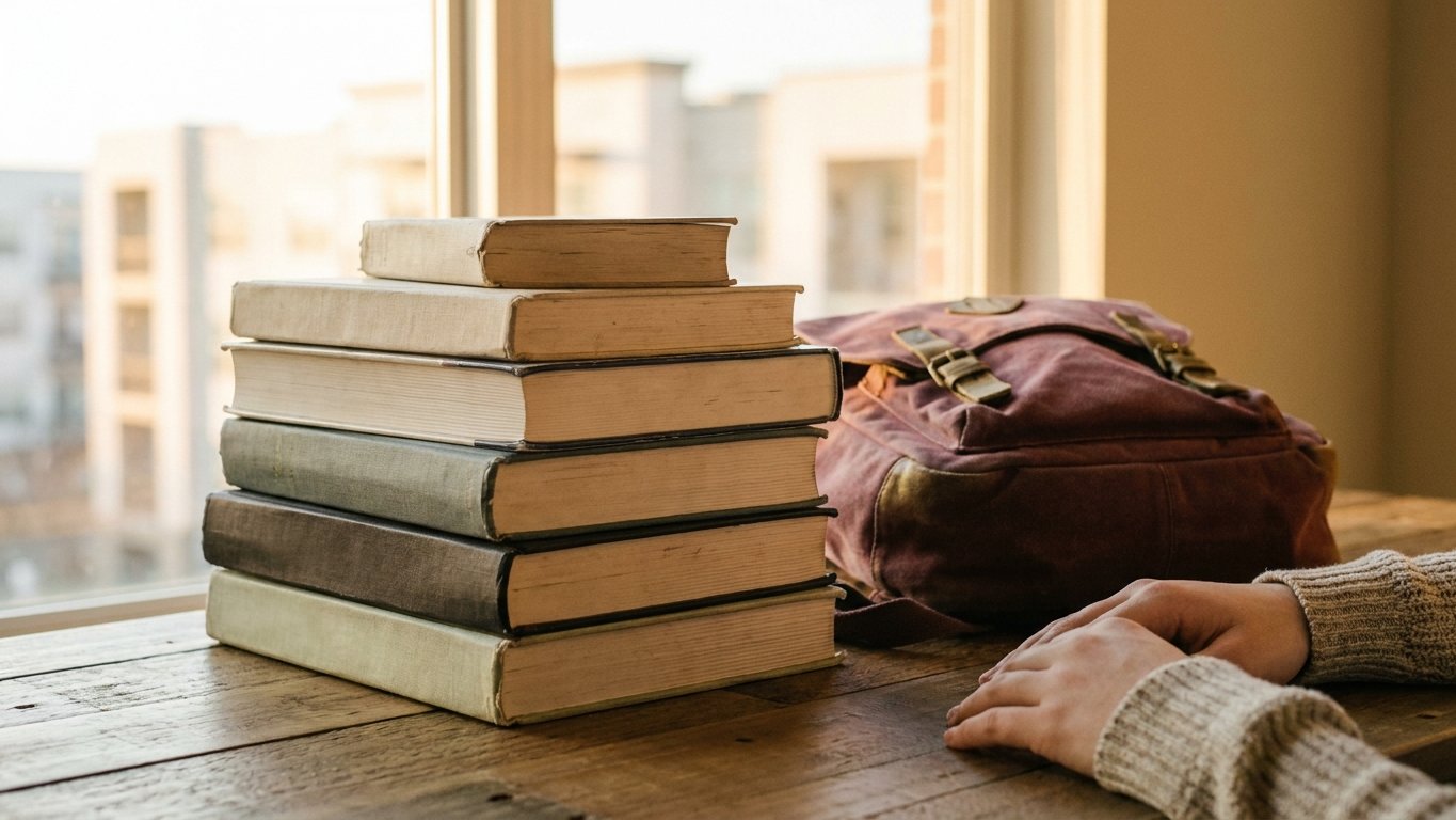 A stack of college textbooks and study guides on a desk beside a backpack