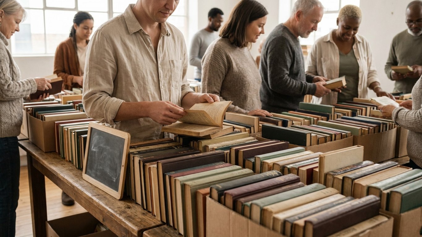 A used-book sale table with secondhand books as a shopper browses