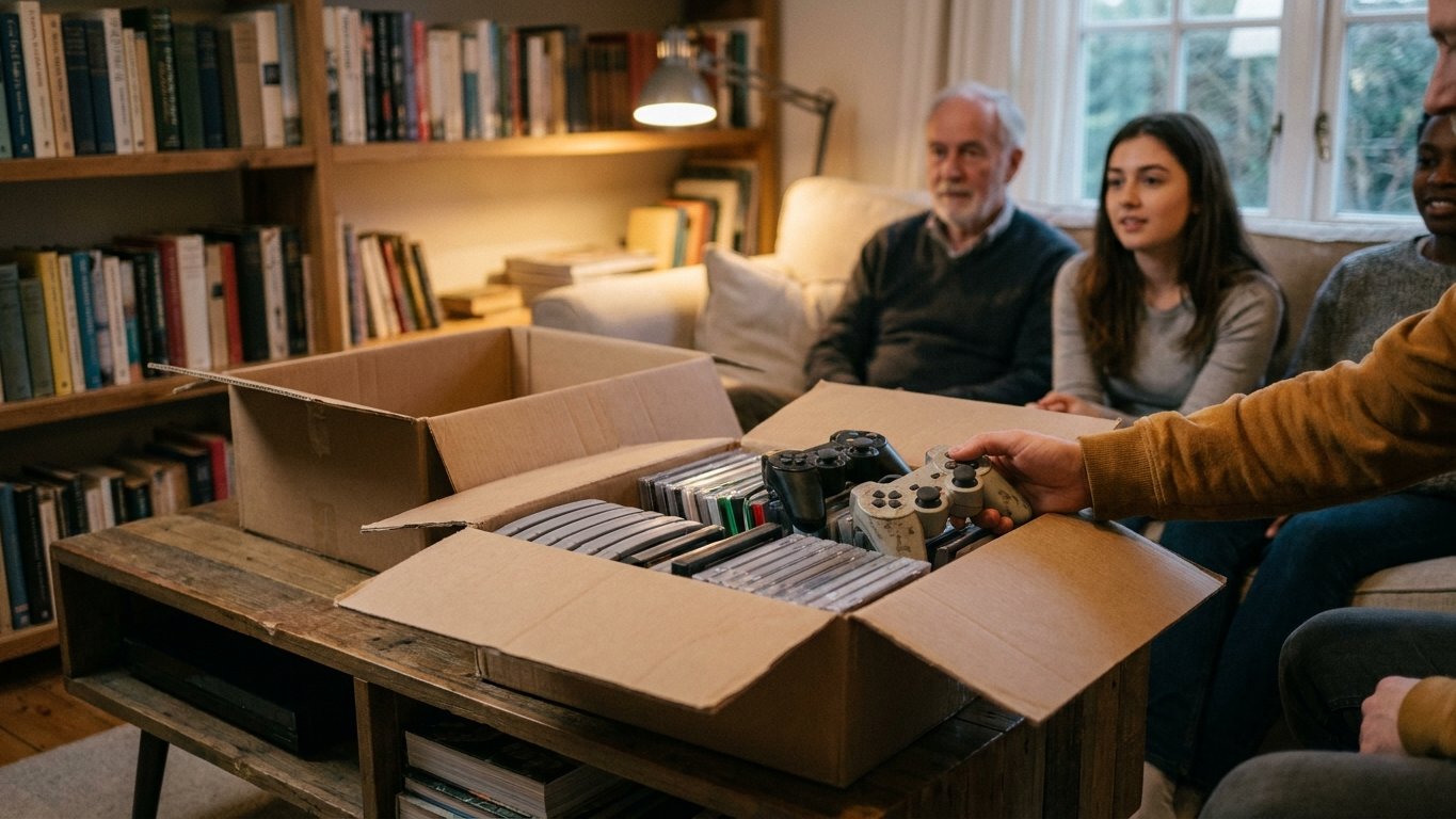 Donated game cartridges, discs, and controllers in an open box