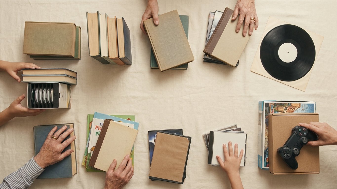An overhead flat-lay of accepted items: books, audiobooks, DVDs, CDs, vinyl, a puzzle, and a game controller
